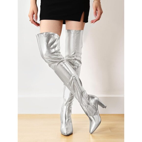 ⚡Women's Silver Stretch Suede Chunky Heel Over The Knee Boots Thigh High - Picture 2 of 5